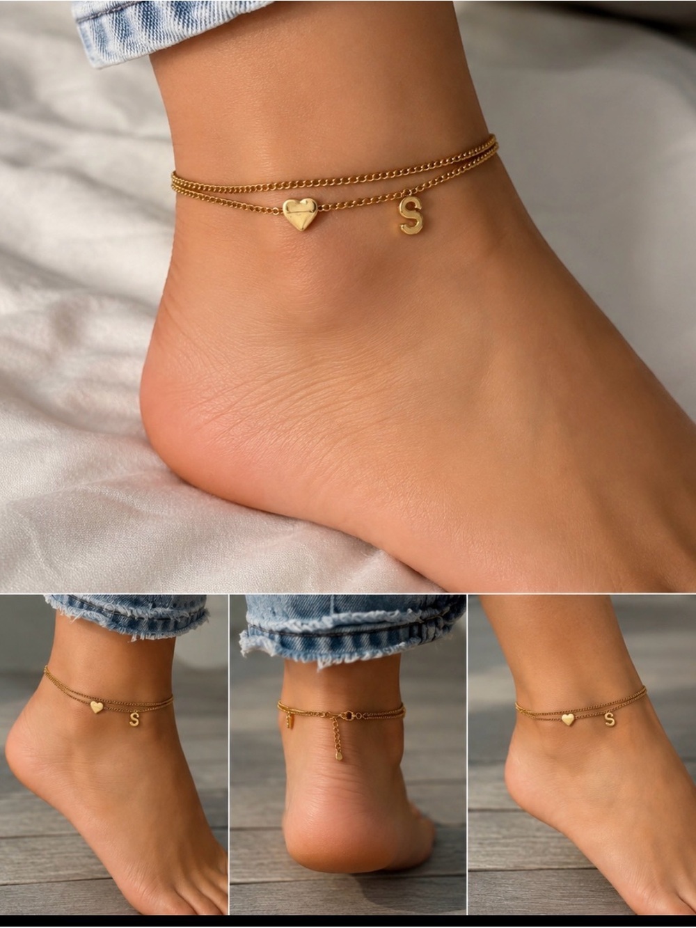 Gold-Tone Layered Bracelet with Heart and 'S' Initial - Gold